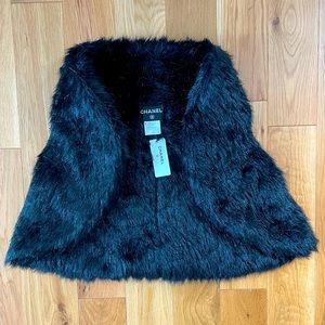 Chanel Black Faux Fur & Bead Vest w/ Dramatic Collar